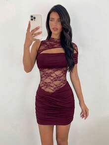 Aloruh Đầm ngắn ren phối màu thanh lịch thường ngày dành cho nữ, màu đỏ rượu vang, kiểu dáng gợi cảm sang trọng. - Màu Hoa hồng đỏ - Xem 7