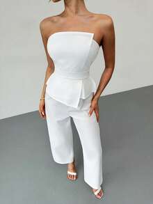Firerie Bộ jumpsuit trắng ôm sát, thanh lịch, lãng mạn, bất đối xứng, kiểu dáng tối giản mới, thích hợp cho đám cưới, ngày Valentine, đi làm hàng ngày, xếp ly 3D, không tay, ôm dáng, dành cho nữ. - Màu be - Xem 4
