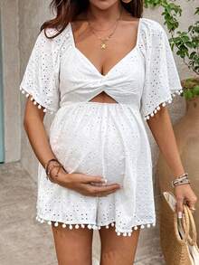 SHEIN Maternity Tie-Dye Embroidered Twist Ruched Casual Romper - White - View 3