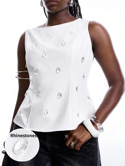LYSMO Camizolă de primăvară și vară cu cristale 3D, talie subțire, casual, avangardistă, mărime mare