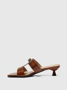 CUCCOO BIZCHIC 春夏新款户外女士黑色方头露趾高跟凉鞋，女士细高跟法式凉鞋，带裙摆和金属扣 - 駝色 - 查看 4