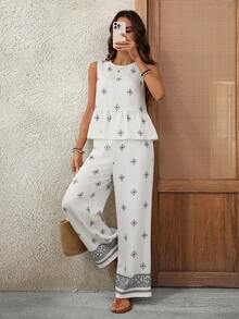 EMERY ROSE Damen Urlaubs-Lässig Geometrisches Muster Trägerhemd und Hose 2-teiliges Set - Verschiedenfarbig - Übersicht 1