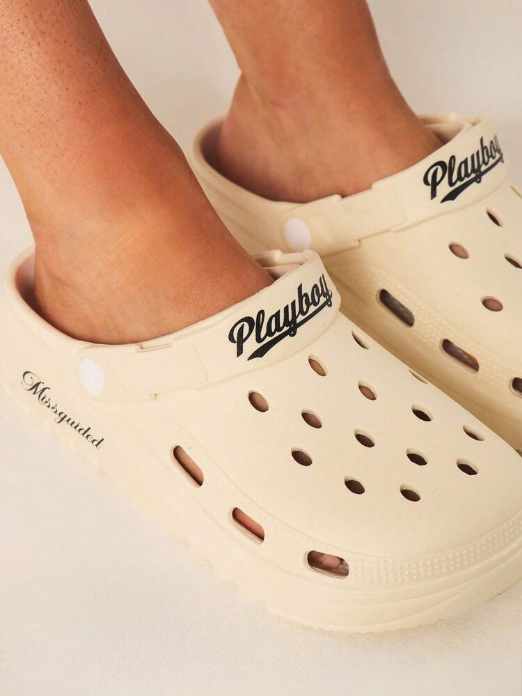Missguided x Playboy Collaboration Cream Perforated Platform Home Slippers With Adjustable Heel Strap Casual Indoor Footwear