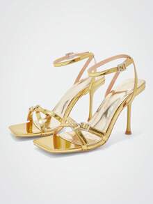 Maija Women's Fashion Diamond Buckle Square Toe High Heel Strap Sandals - Gold - View 2
