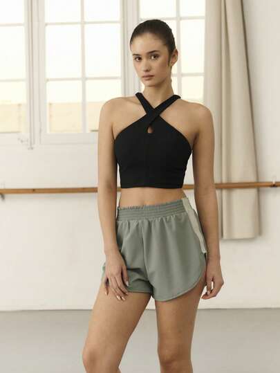 Nöista Front Crossing Black Activewear Top With Textured Rib Quality, Front Hole, Slim Fit. Summer, Spring, Sports, Yoga, Workout, Pilates.