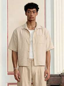 SWAVVY 男士休闲宽松衬衫，舒适简约风格，春夏新款时尚短款男士衬衫，男士方正衬衫，男士短款纽扣衬衫 - 卡其色 - 查看 3