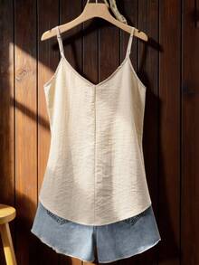 SHEIN LUNE Women's Sleeveless V-Neck Camisole Tank Top, Loose Fit, Lightweight, Summer - Beige - View 2
