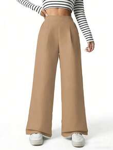 SHEIN Quần dài xếp ly cạp cao dáng rộng màu đen dành cho nữ và thiếu nữ, thích hợp cho mùa xuân, hè, thu và đông. - Màu Khaki - Xem 6