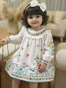 Babygirl Casual Cute Floral Pattern Ruffle Hem Long Sleeve Dress - Multicolor - View 1