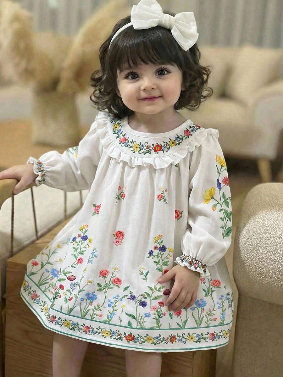 Babygirl Casual Cute Floral Pattern Ruffle Hem Long Sleeve Dress - Multicolor - View 1