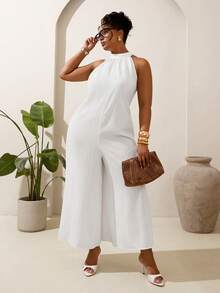 Veslaya 2026春夏大码女装音乐节、复活节、西部风、游牧风、生日派对、毕业典礼、大学、学生、日常穿着、基础款、休闲、度假、邮轮、海滩、日光浴、潮流、街头风、婚礼宾客、通勤、早午餐、机场、派对、节日、优雅晚宴、舞会、休闲、高端优雅白色褶皱无袖阔腿连体裤 - 白色 - 查看 7