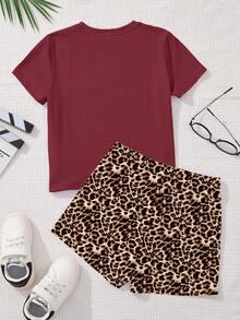 Conjunto de 2 piezas de camiseta de manga corta de cuello redondo holgado con decoración de lazo y estampado de leopardo, y shorts, estilo vintage americano para adolescentes, adecuado para primavera/verano - Multicolor - Ver 2
