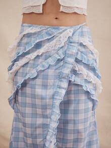 Easelle 波西米亚音乐节蕾丝拼接高低摆飘逸性感女裙 - 藍色 - 查看 7