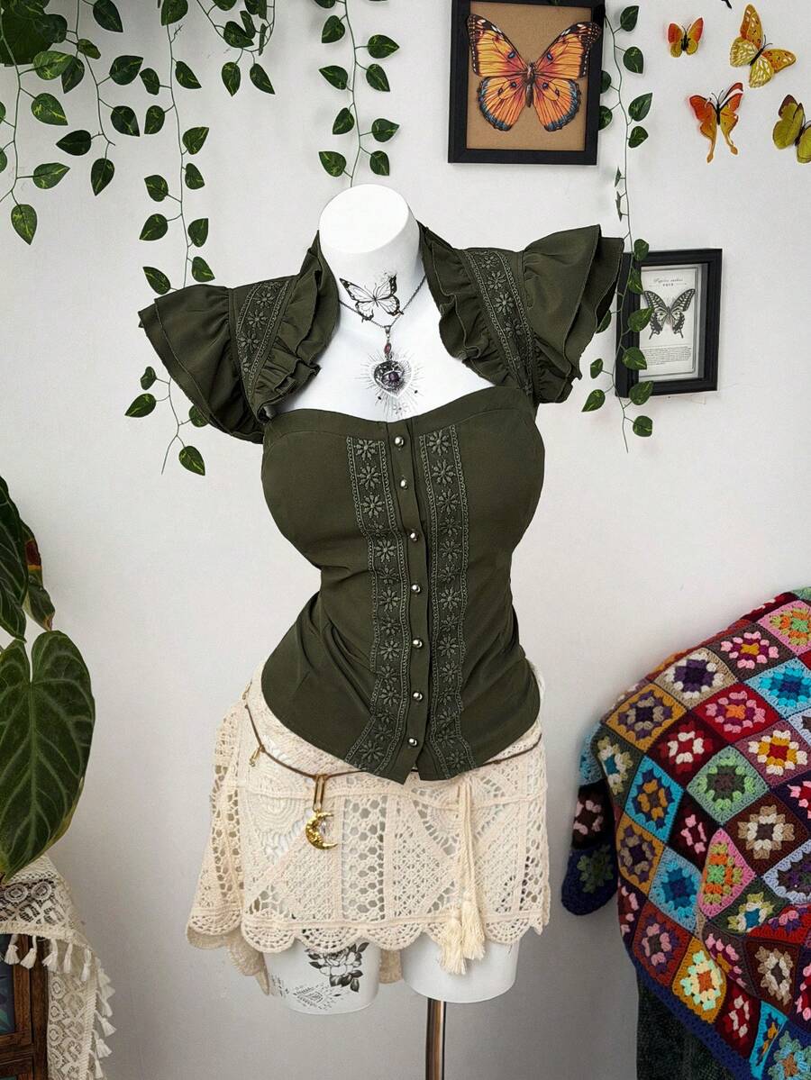 Sunspun Dark Chiffon Cap Sleeve Fitted Blouse - Army Green - View 1