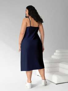 SHEIN EZwear Plus Size Women Solid Color Ruched Side Slit Hem Cami Dress - Navy Blue - View 2