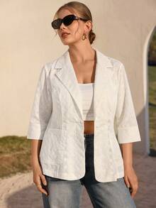 Juhart 大码女式刺绣镂空翻领薄款西装外套 - 杏色 - 查看 4