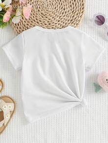 Camisetas de manga corta básicas y cómodas para uso diario con estampado de letras de dibujos animados lindos y minimalistas, de estilo casual y refrescante para niños pequeños en primavera y verano - Blanco - Ver 2