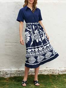 Airaco Women's Floral Print Ruched Casual Party Midi Dress, Suitable For Summer - Navy Blue - View 3