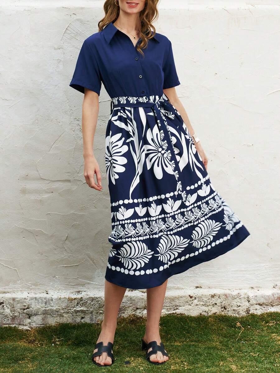 Airaco 女士碎花褶皱休闲派对中长连衣裙，适合夏季穿着 - 藏蓝色 - 查看 1