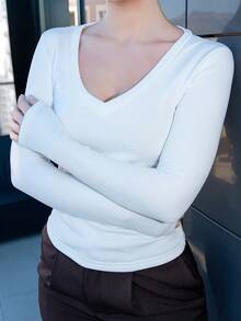 Bris Aura 女士秋冬日常外出必备休闲街头风白色弹力舒适微绒V领长袖T恤保暖内衬可爱上衣 - 白色 - 查看 6