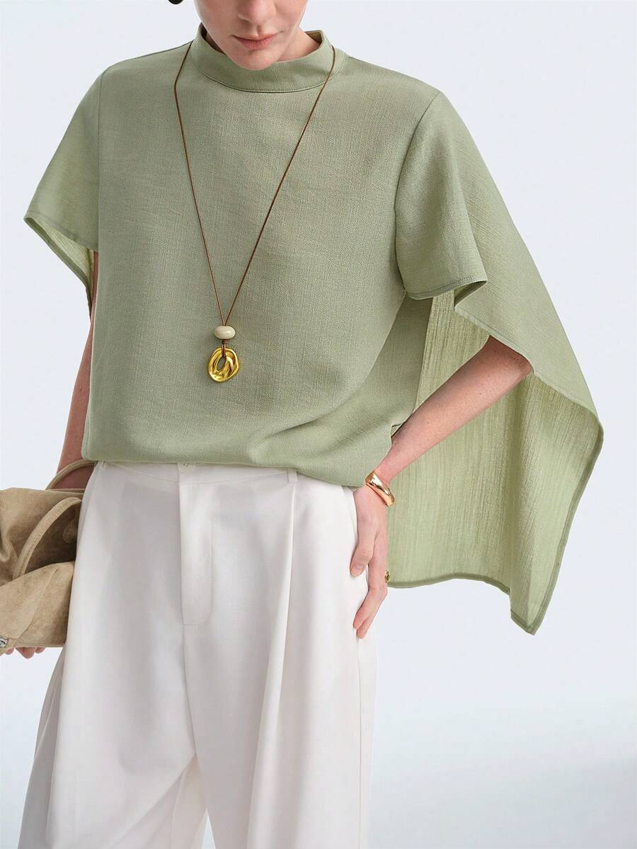 Aalyst 女士春夏优雅猫眼竹结法式衬衫，适合办公室、休闲、度假、浪漫、高端海滩、下午茶、派对等场合，立领，宽松版型，长款，薄荷绿衬衫上衣