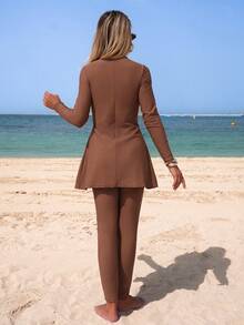 Swim Shayni 2026 Summer NEW Women's Summer Solid Brown 2pcs/Set Long Sleeve Cinching Waist Burkini Beach Vacation, Pool Party, Beach PartyBeach Outfits, Music Festival Outfits, Vacation Outfits, Seaside Dates, Holiday Outfits, Sexy, Elegant, Casual Outfits, Beach Party Outfits, Pool Party Outfits - Brown - View 2