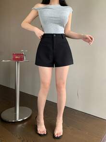 DAZY Pantalones cortos de mujer de negocios casuales negros, diseño minimalista con bolsillos, adecuados para la oficina y el transporte en primavera y verano - Negro - Ver 4