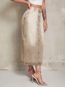 SHEIN ICON Women's High Waist Pocketed Casual Straight Denim Skirt - Khaki - View 5