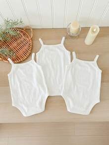 SHEIN LMoss Kids 3件套女婴纯色休闲日常连体衣 - 白色 - 查看 2