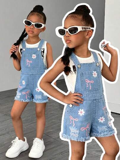 SHEIN Playful Pals Young Girl Floral Bow Floral Print Distressed Denim Bib Shorts, Sweet And Fresh