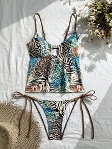 Swim Vcay Bộ đồ bơi nữ mùa xuân/hè in kỹ thuật số, không gọng, dây mảnh và quần short bơi buộc dây bên hông, thích hợp cho kỳ nghỉ biển. - Màu xanh lam - Xem 3