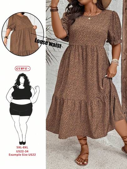 SHEIN CURVE+ Plus Size Women Summer Leopard Print Round Neck Short Sleeve Waist Gathered A-Line Layered Dress, Casual Western Beach Island Bohemian Dress, Summer Dresses