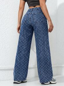 SHEIN ICON 女士口袋宽松阔腿休闲百搭牛仔裤 - 中等水洗藍 - 查看 2