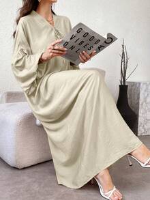 Yasmyna Women's Solid Color V-Neck Knotted Ruched Casual Party Travel Arabic Style Dress - Apricot - View 4