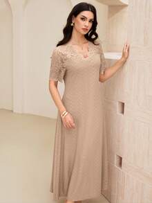 SHEIN Lacomfia V-Neck Contrast Lace Textured Knit Mid-Length Dress For Women - Khaki - View 5