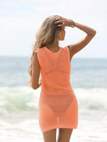 EMERY ROSE Gaun Rajut Tanpa Lengan Warna Polos dengan Desain V Dalam dan Lubang untuk Liburan Wanita - Coral Orange - View 2