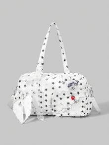 ROMWE 1 pieza Bolso de tote de mujer con decoración de lazo a rayas, colgante de nota musical estrella azul kawaii dulce y lindo, estilo retro Y2K, de moda y sencillo, con múltiples bolsillos, de gran capacidad, adecuado para compras, viajes, ir al trabajo, universidad - Blanco - Ver 1