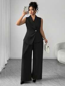 Elenzga Fashionable Casual French Style Elegant Asymmetric Waist V-Neck Sleeveless 2 Pieces Set - Black - View 7
