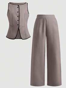 SHEIN Tween Girl Single-Breasted Vest, Shirt And Pants Casual Outfit - Khaki - View 5