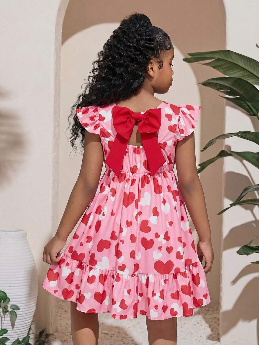 SHEIN Tween Girl Pink Summer Cute Birthday Y2K Heart Print Backless Bow Tie Chiffon Flutter Sleeve Dress,Valentine's Day Mother-Daughter Matching Vacation - Baby Pink - View 1