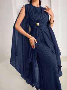 Veilorie New Design Asymmetrical Long Sleeve Waist Ruched Twist Metal Buckle Decor Elegant Lightweight Flowy Cocktail Dress - Navy Blue - View 6