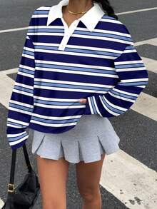 SHEIN EZwear Áo thun polo tay dài in họa tiết sọc đơn sắc phong cách retro cổ điển dành cho nữ, phù hợp cho mùa thu/đông, dạo phố, thể thao, Y2K - Màu xanh lam - Xem 3