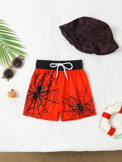 Baby/Kleinkind Jungen Strand Shorts aus Webstoff mit Spinnen Muster und Hut, geeignet für Strand, Küste, Urlaub, Surfen, Sommer