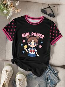 少女休闲圆领卡通字母印花短袖T恤，百搭日常穿着 - 彩色 - 查看 3