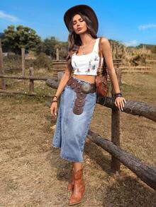 Breezaya Falda vaquera casual y versátil para uso diario con bolsillos y diseño de abertura con botones en la parte delantera - Azul lavado medio - Ver 4