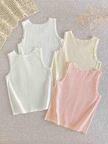 Set de 4 camisetas de tirantes de cuello en V de unicolor para niñas preadolescentes - Multicolor - Ver 2