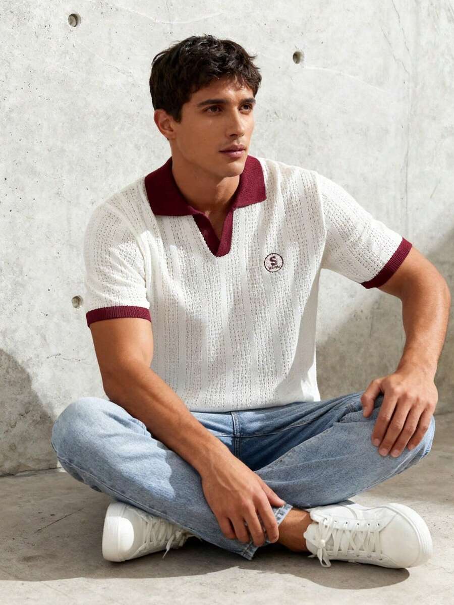 Manfinity Homme Men's Contrast Collar & Cuff Short Sleeve Knit Top Men Buttoned Knitted Polo Men Knit Tops Maroon And White Polo Men - White - View 1