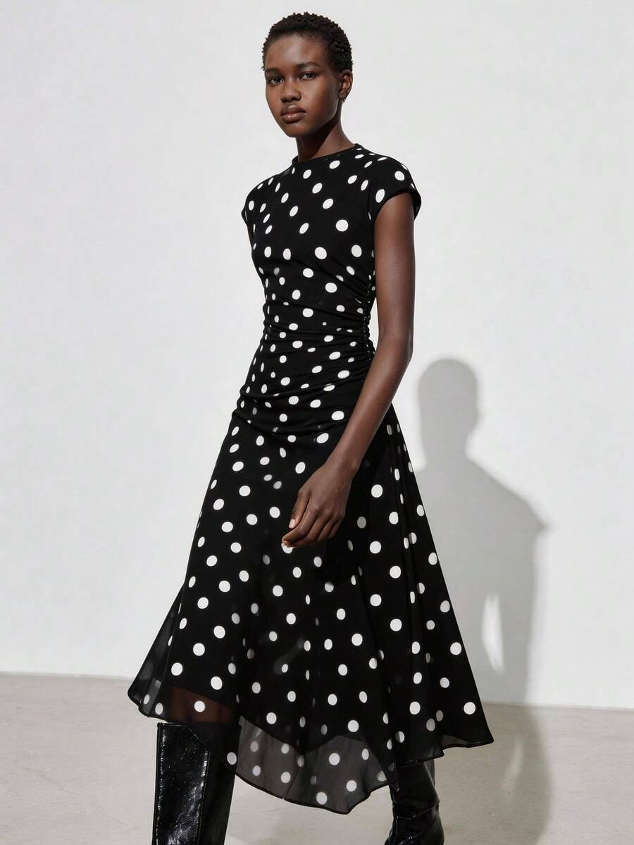 Maija Plaid Print Round Neck Raglan Sleeve Long Dress, Elegant And Modest Urban Romantic Dress For Wedding Guest, Birthday, Business, Casual, Office, Date, Party, Women - Black - View 1