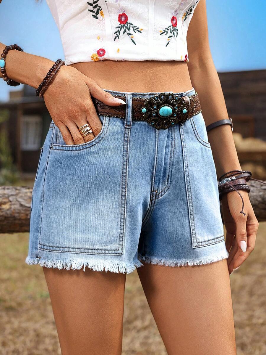 Breezaya Women's Vacation Casual Washed Frayed Hem Denim Shorts - Blue - View 1