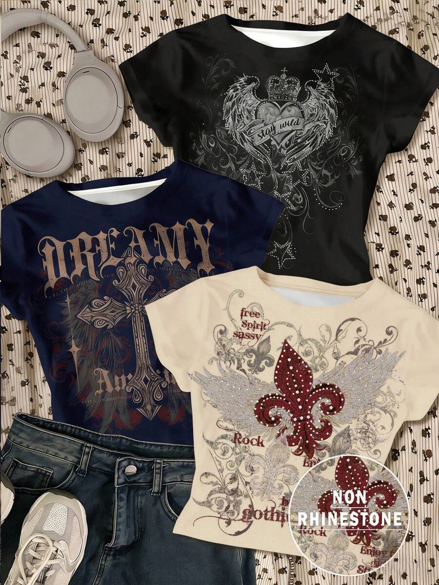 Bộ 3 áo croptop phong cách Grunge Vintage Punk Goth in hình trái tim, cánh và chữ thập, cổ tròn, tay ngắn, cạp cao, dáng regular, thích hợp cho mùa hè. - Nhiều màu - Xem 1